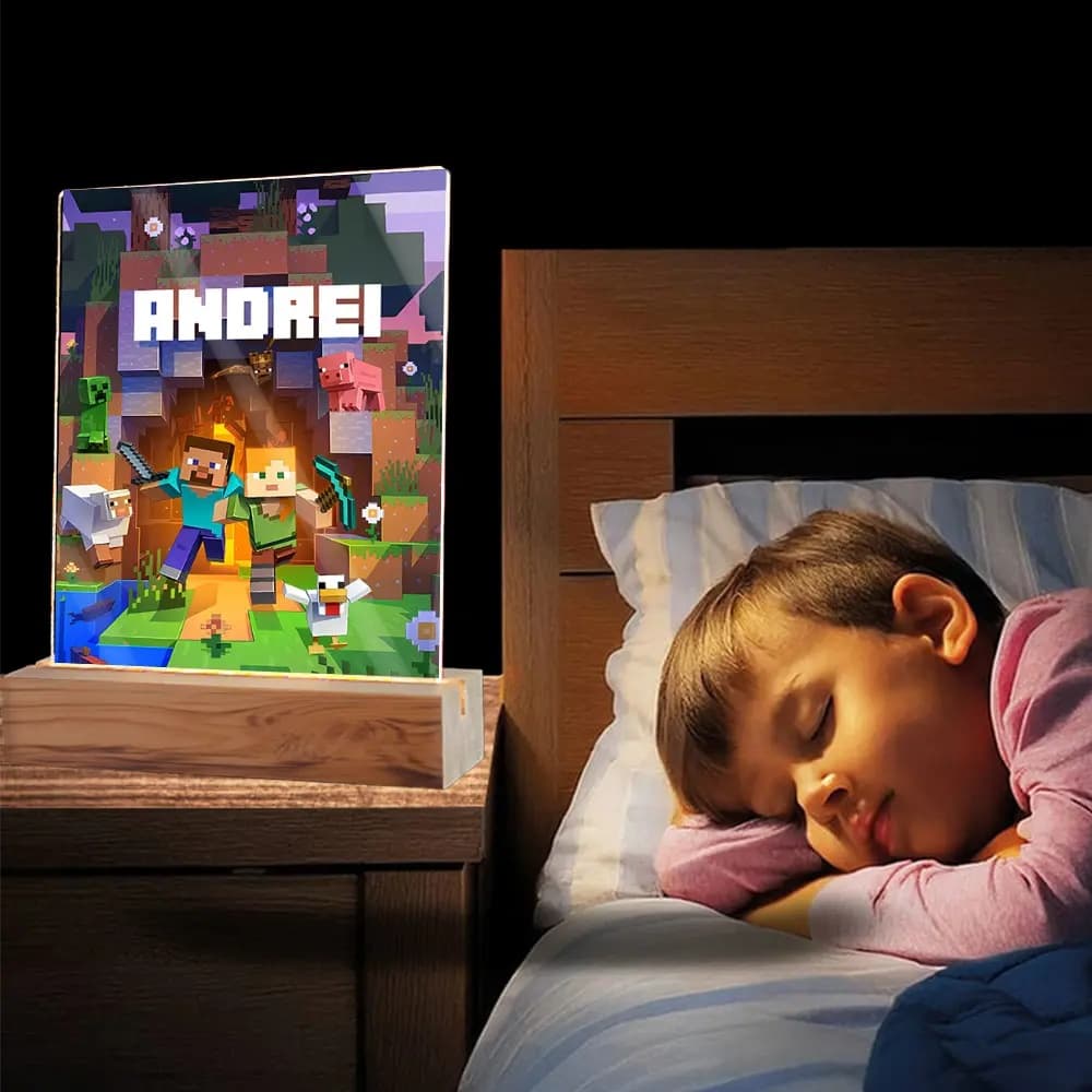 Plachetă LED Personalizată cu Minecraft și Nume sau Poză – Cadou Gamer Copii, Decor Luminos pentru Cameră