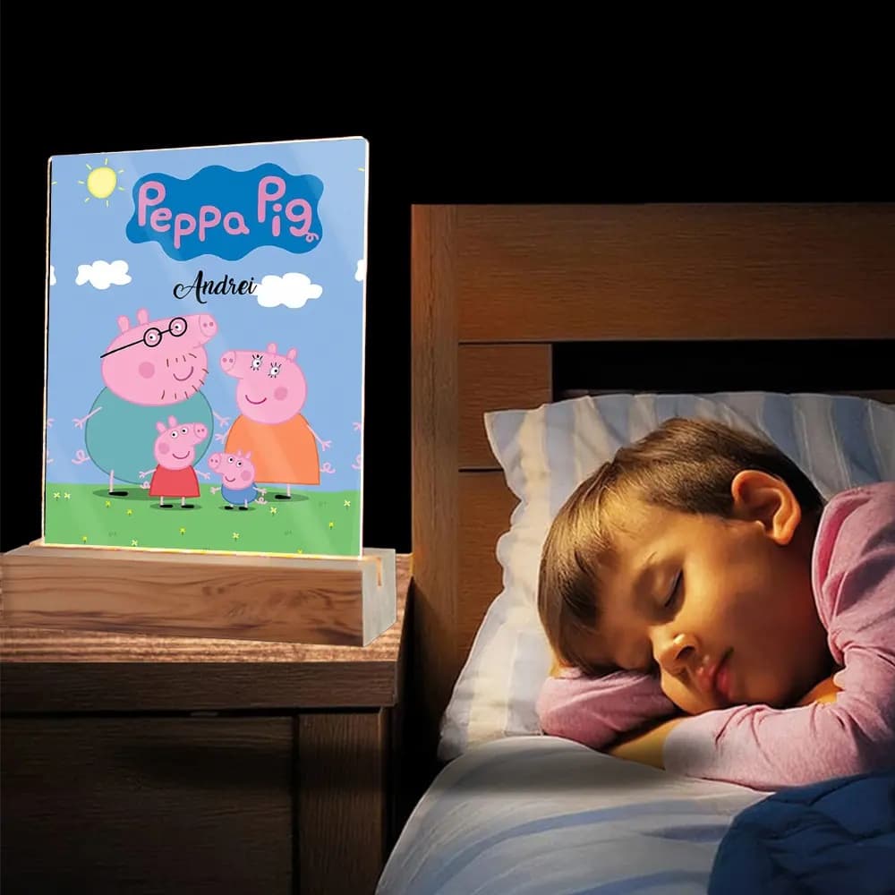 Plachetă LED Personalizată cu Peppa Pig și Nume sau Poză – Cadou Copii Adorabil, Decor Luminos pentru Cameră