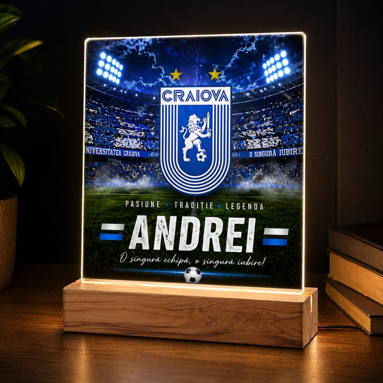 Plachetă LED personalizată fotbal cu nume și echipă – cadou premium fan fotbal, lampă acrilică iluminată