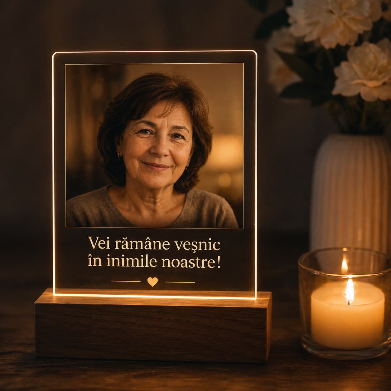 Plachetă LED Personalizată In Memoriam cu Poză și Mesaj – Amintire Luminoasă pentru Persoana Dragă