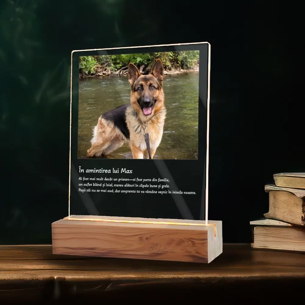 Plachetă LED Personalizată Pet „In Memoriam” cu Poză și Mesaj – Amintire Luminoasă pentru Animalul Iubit
