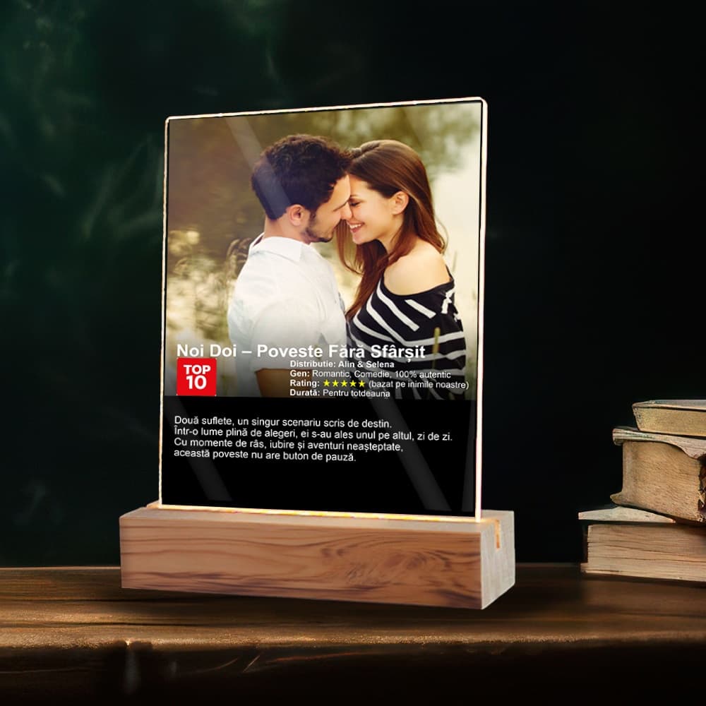 Plachetă LED Personalizată Stil Netflix cu Poză și Text – Cadou Romantic Tip Poster Film, Efect Luminos Premium