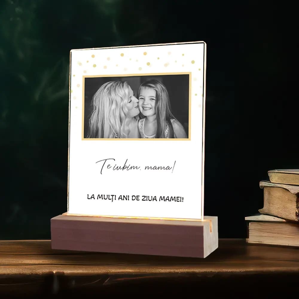 Plachetă LED Personalizată Ziua Mamei „Gold Dots” cu Poză și Mesaj – Cadou Elegant Premium pentru Mama