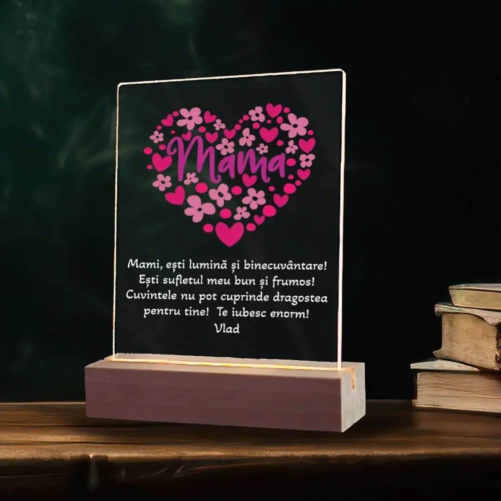 Plachetă LED Personalizată Ziua Mamei „Heart” cu Poză și Mesaj – Cadou Emoționant în Formă de Inimă pentru Mama