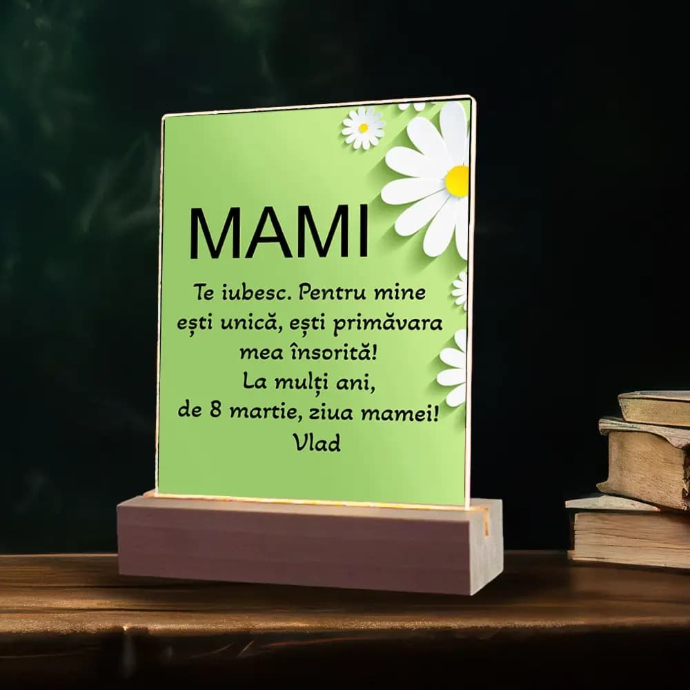 Plachetă LED Personalizată Ziua Mamei „Primăvară” cu Poză și Mesaj – Cadou Delicat Floral pentru Mama