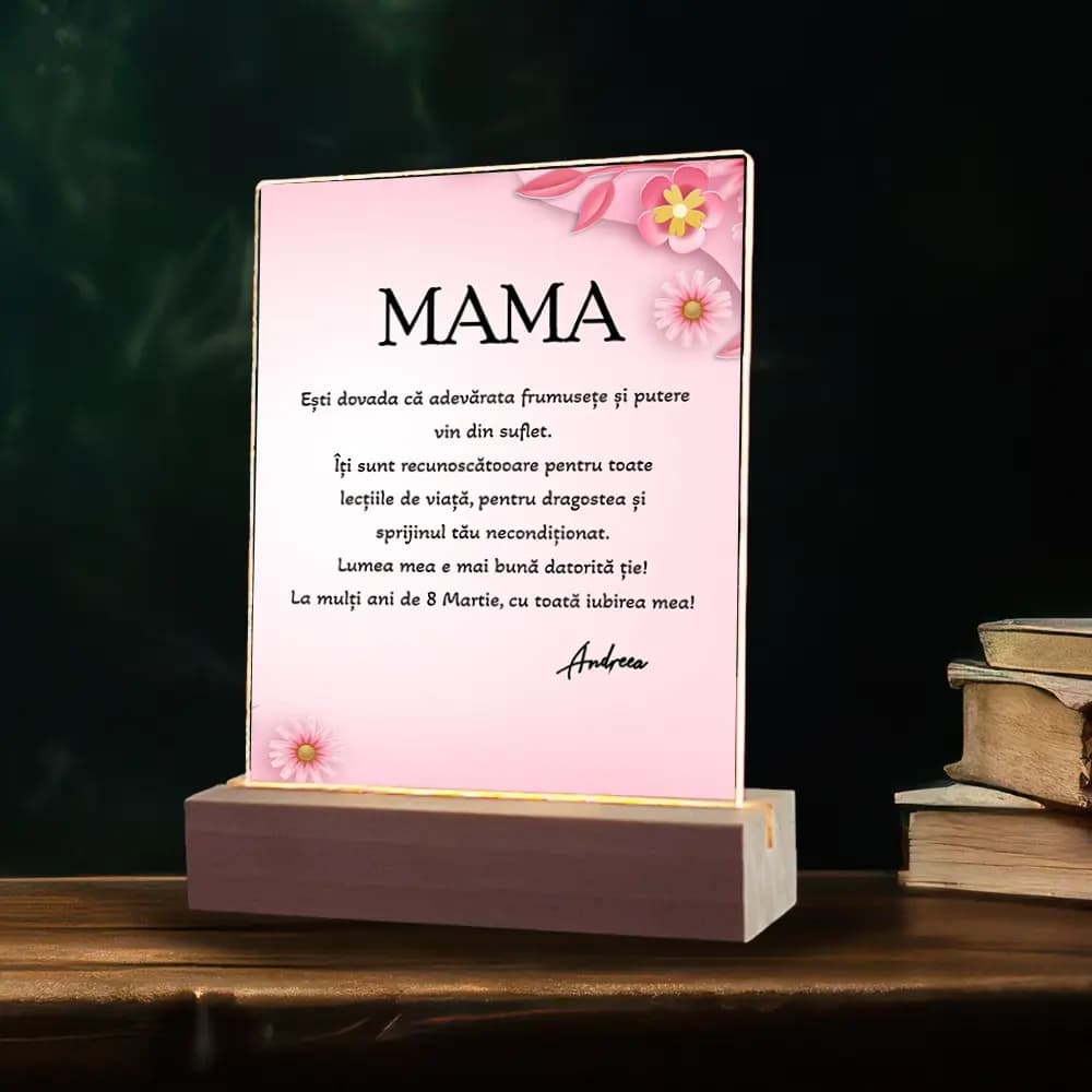 Plachetă LED Personalizată Ziua Mamei „Spring” cu Poză și Mesaj – Cadou Floral Elegant pentru Mama
