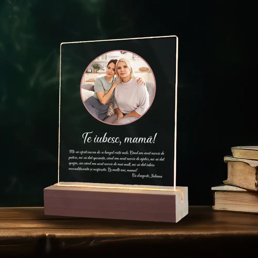 Plachetă LED Personalizată Ziua Mamei „Te iubesc MAMA” cu Poză și Mesaj – Cadou Emoționant pentru Mama