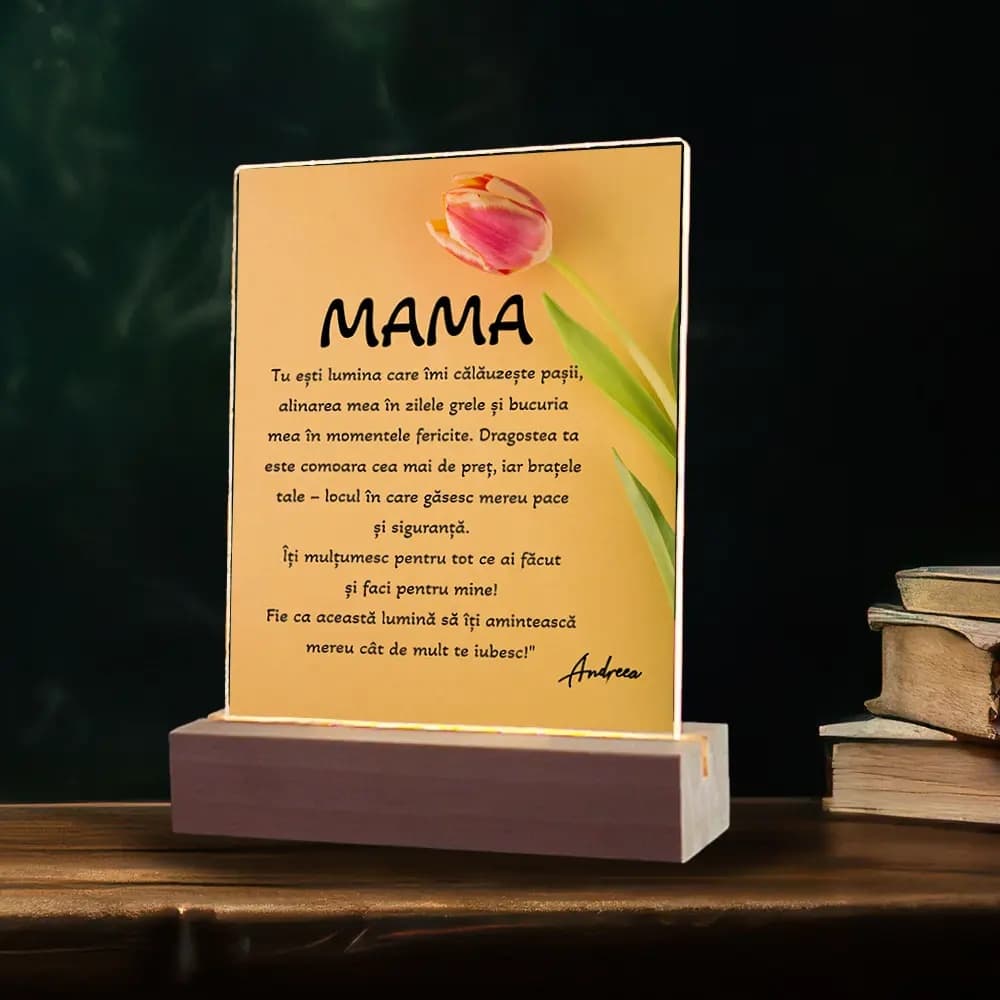 Plachetă LED Personalizată Ziua Mamei „Tulip” cu Poză și Mesaj – Cadou Floral Elegant pentru Mama