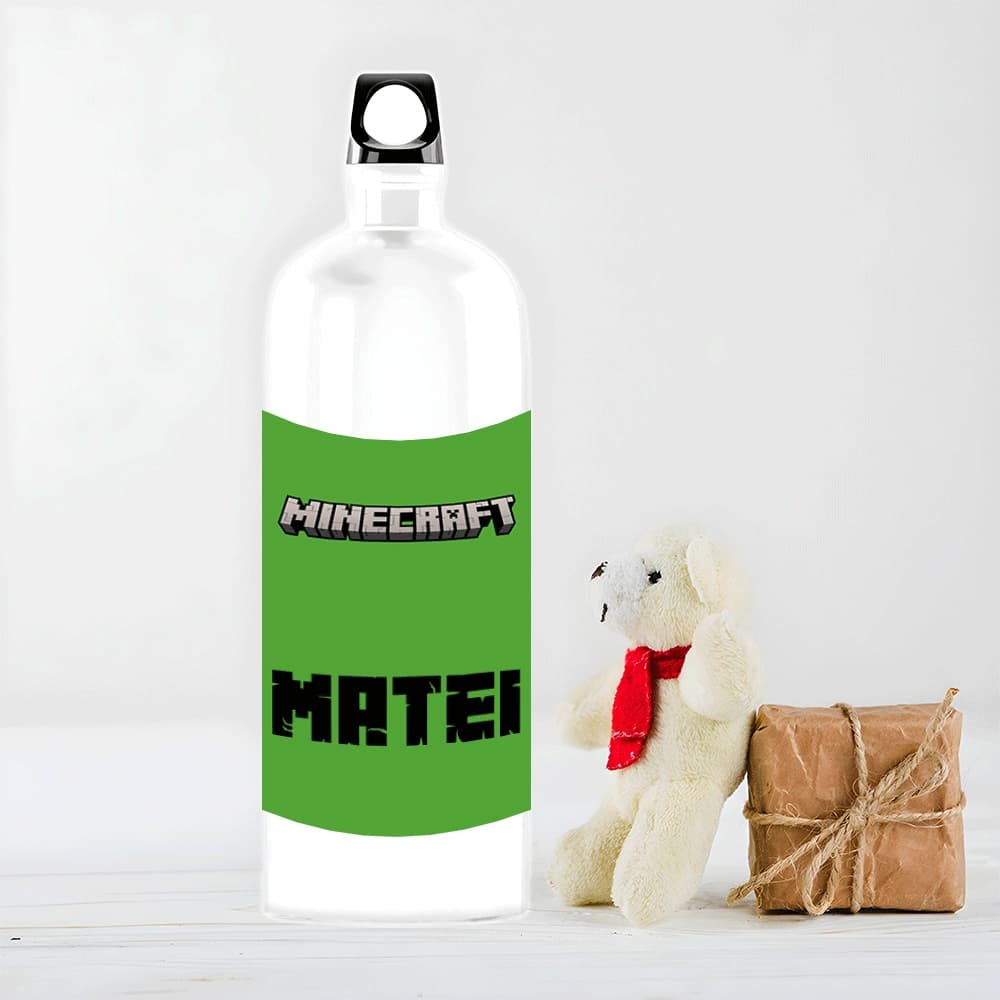 Sticlă de Apă Personalizată cu Minecraft și Nume – Bidon Copii Gamer, Cadou Unic și Rezistent