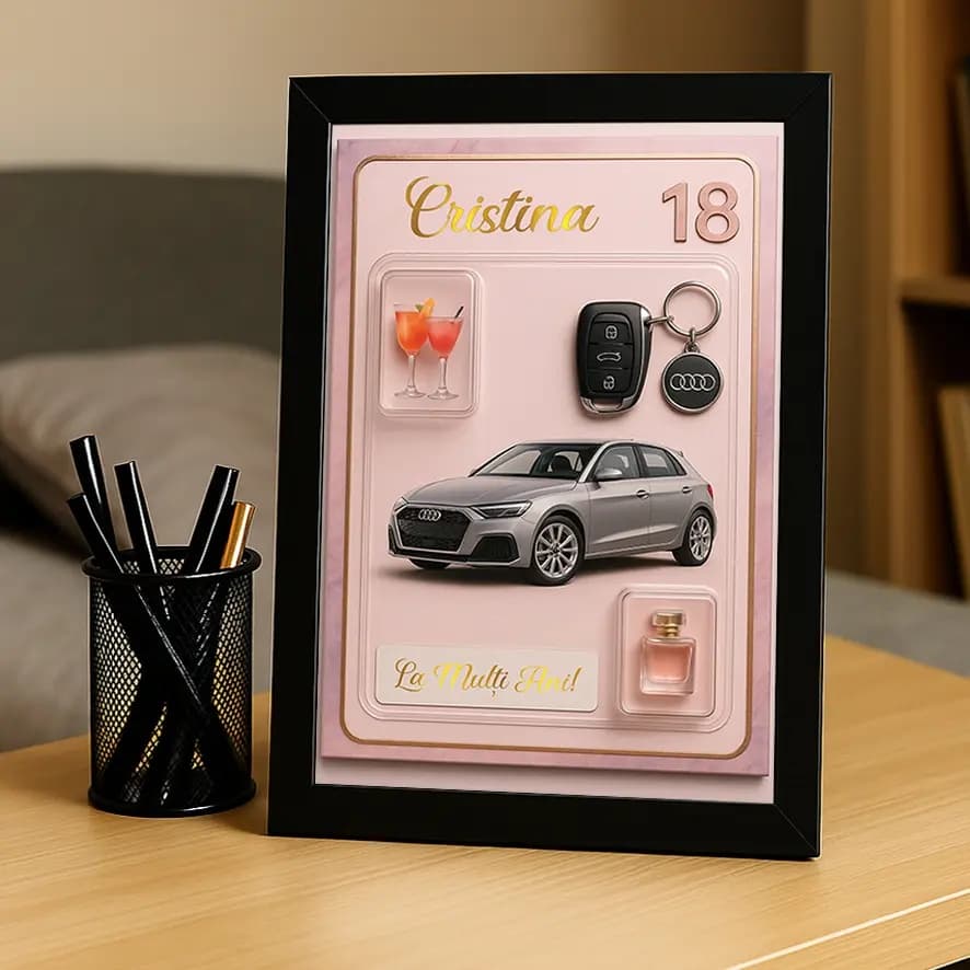 Tablou „La Mulți Ani” pentru Ea – Model Audi, Iluzie Optică 3D, Cadou Personalizat Spectaculos
