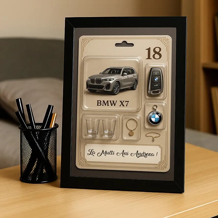 Tablou „La Mulți Ani” pentru Ea – Model BMW, Iluzie Optică 3D, Cadou Spectaculos Personalizat