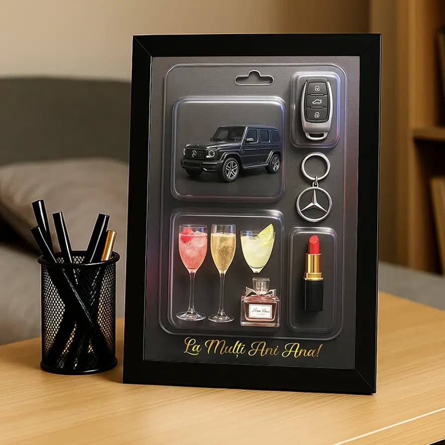 Tablou „La Mulți Ani” pentru Ea – Model Mercedes-AMG, Iluzie Optică 3D, Cadou Personalizat Premium