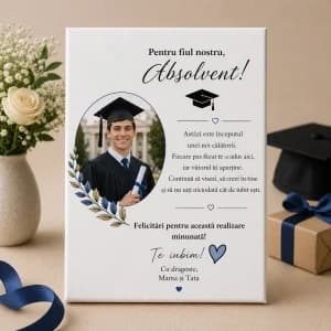 Tablou Canvas Personalizat Absolvire Băiat cu Poză și Mesaj – Cadou Gimnaziu, Liceu sau Facultate, Ramă Lemn