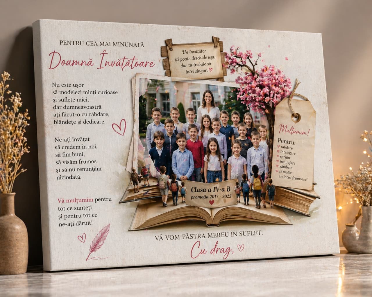 Tablou canvas personalizat pentru învățătoare – cadou emoționant cu poză și mesaj de mulțumire