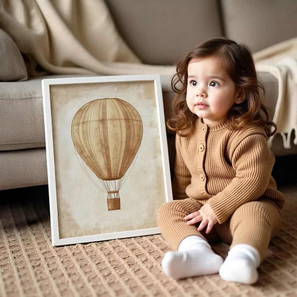 Tablou Chocolate Pastel – Balon cu Aer Cald Model 02, Decor Delicat în Culori Neutre pentru Camera Copilului sau Bebelușului