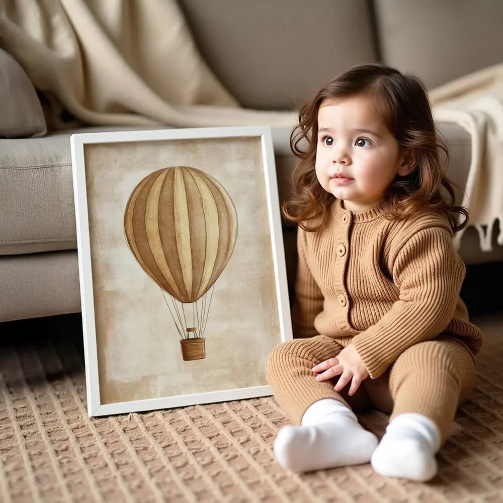 Tablou Chocolate Pastel – Balon cu Aer Cald Model 03, Decor Delicat în Culori Neutre pentru Camera Copilului