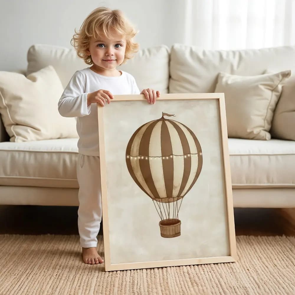 Tablou Chocolate Pastel – Balon cu Aer Cald Model 04, Decor Elegant în Culori Neutre pentru Camera Copilului
