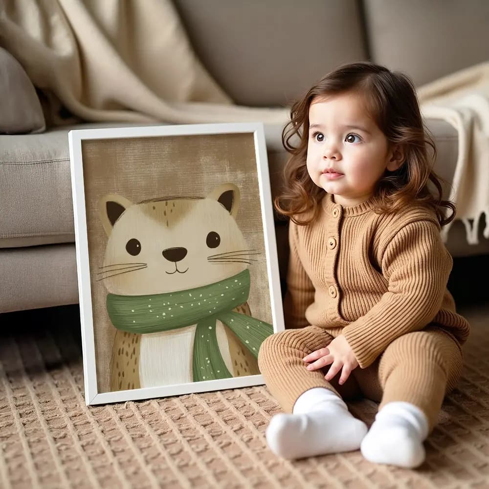 Tablou Chocolate Pastel – Model Animăluț cu Eșarfă, Decor Delicat în Culori Neutre pentru Camera Copilului