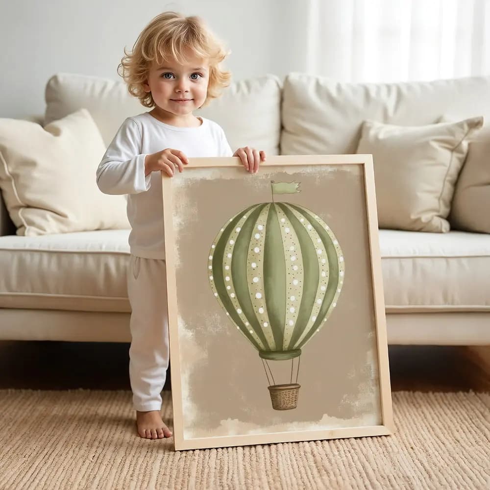 Tablou Chocolate Pastel – Model Balon cu Aer Cald, Decor Elegant în Culori Neutre pentru Camera Copilului sau Bebelușului