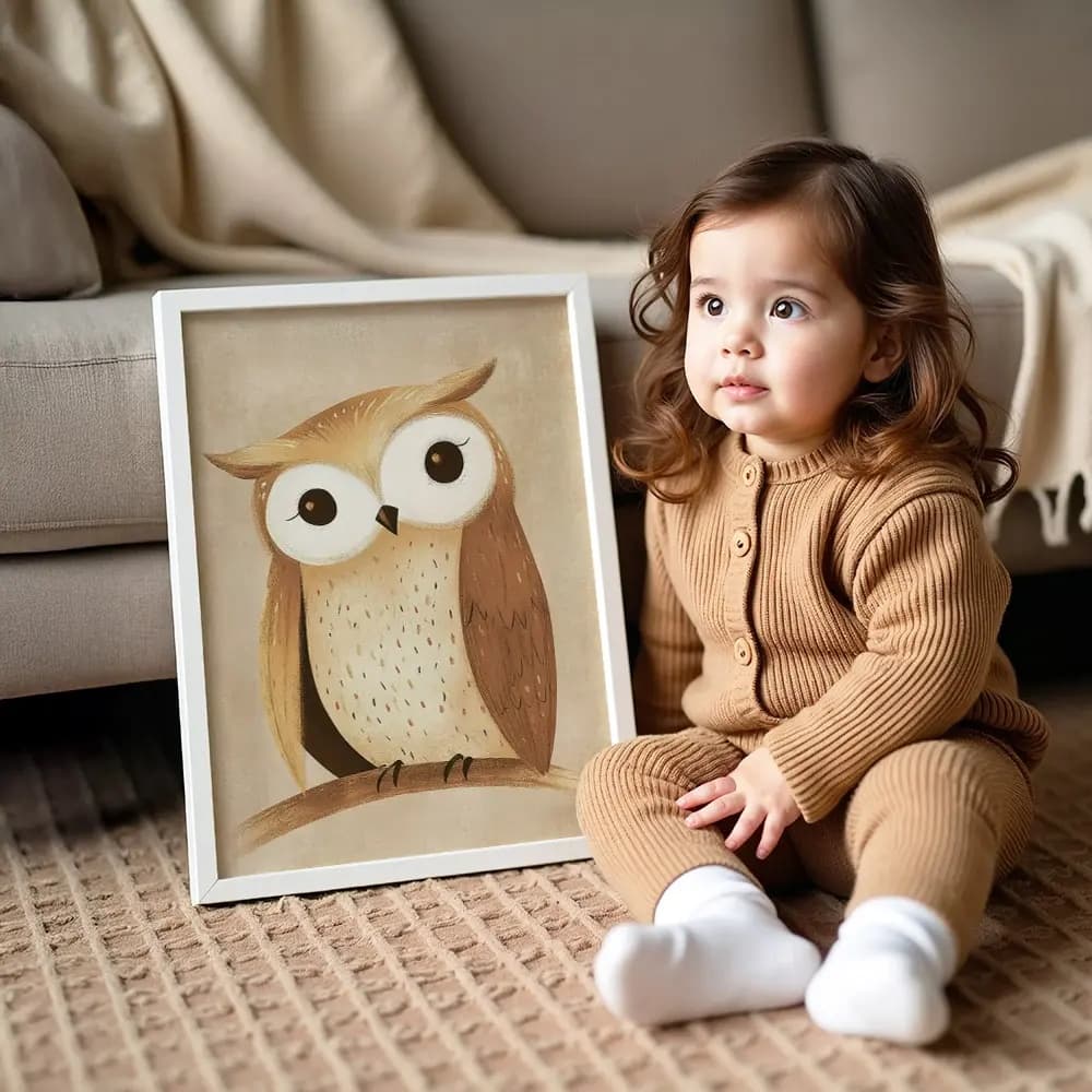 Tablou Chocolate Pastel – Model Bufniță, Decor Delicat în Culori Neutre pentru Camera Copilului sau Bebelușului