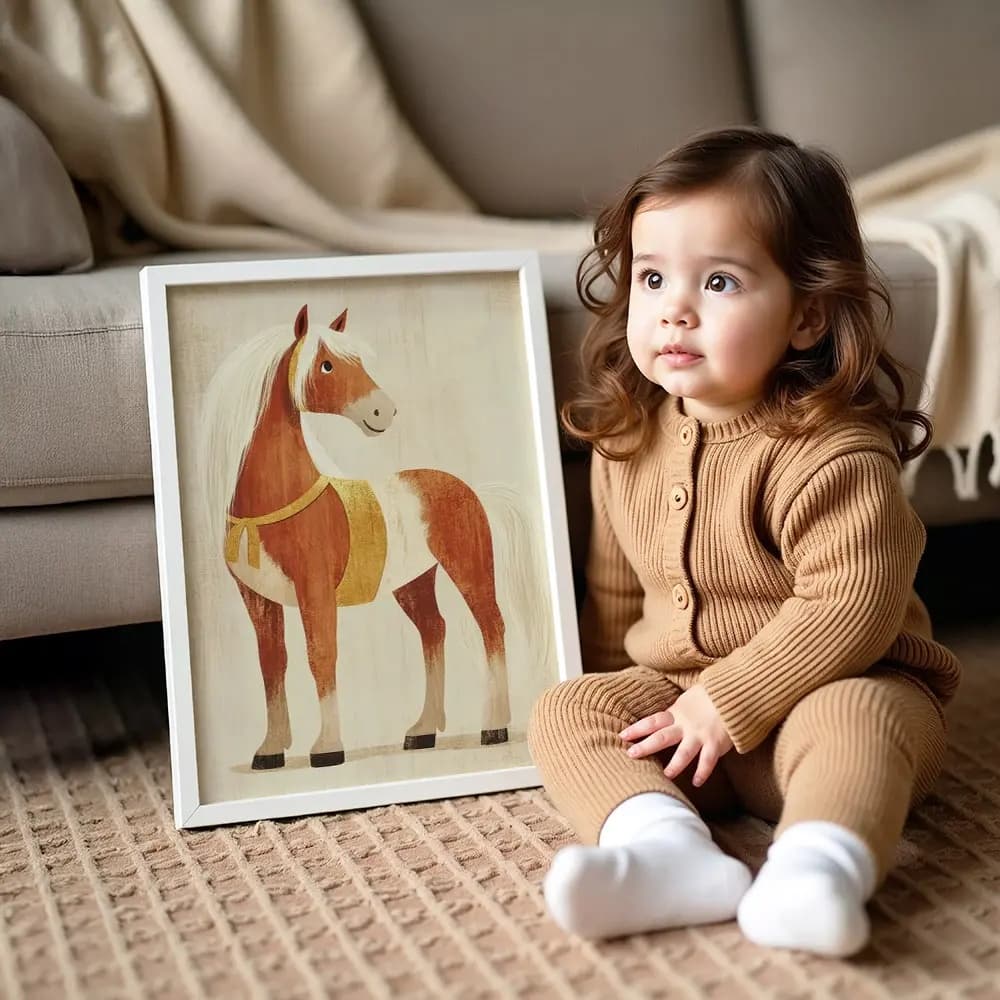 Tablou Chocolate Pastel – Model Căluț, Decor Delicat în Culori Neutre pentru Camera Copilului sau Bebelușului