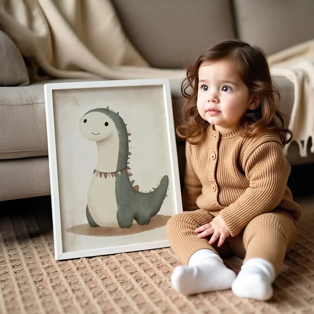 Tablou Chocolate Pastel – Model Dinozaur, Decor Delicat în Culori Neutre pentru Camera Copilului sau Bebelușului