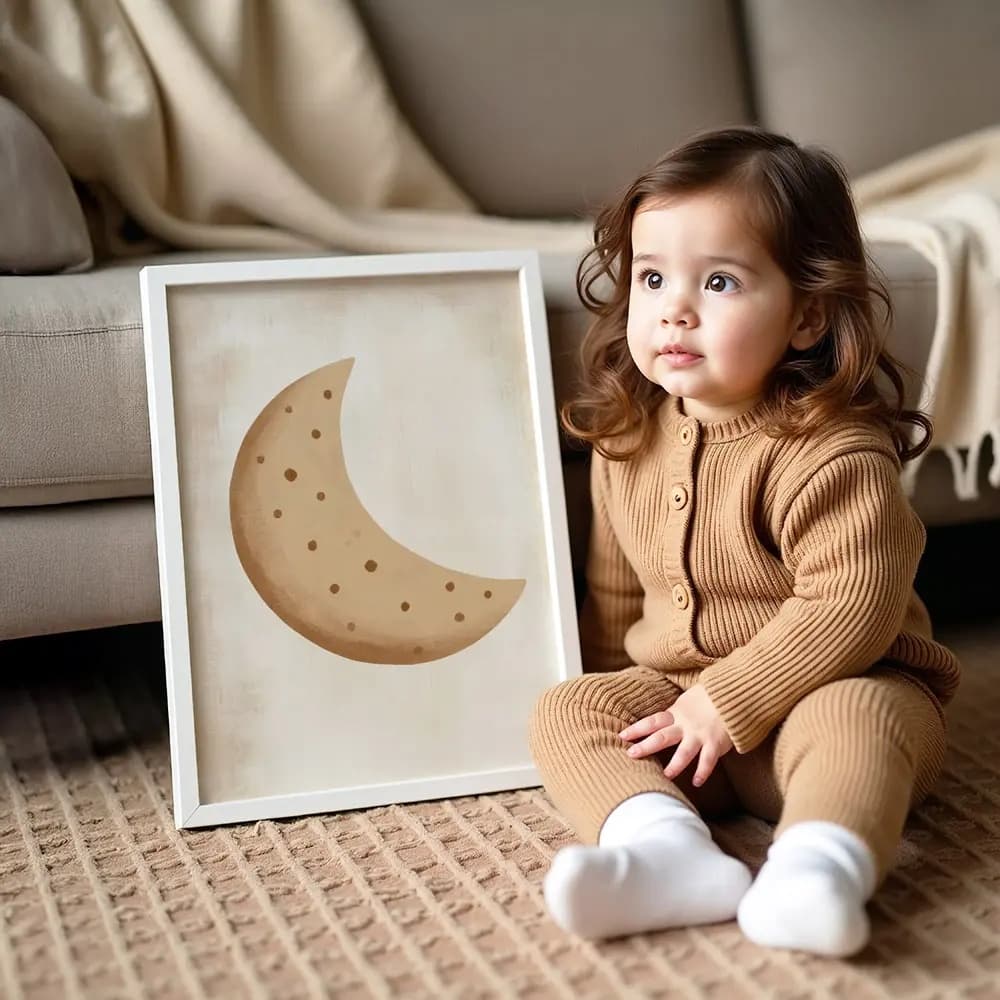 Tablou Chocolate Pastel – Model Lună, Decor Delicat în Culori Neutre pentru Camera Copilului sau Bebelușului