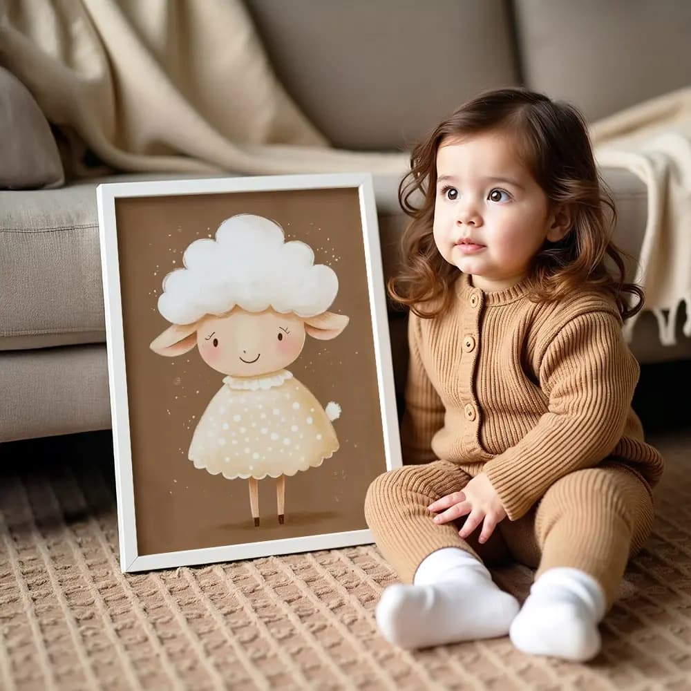 Tablou Chocolate Pastel – Model Oiță, Decor Delicat în Culori Neutre pentru Camera Copilului sau Bebelușului