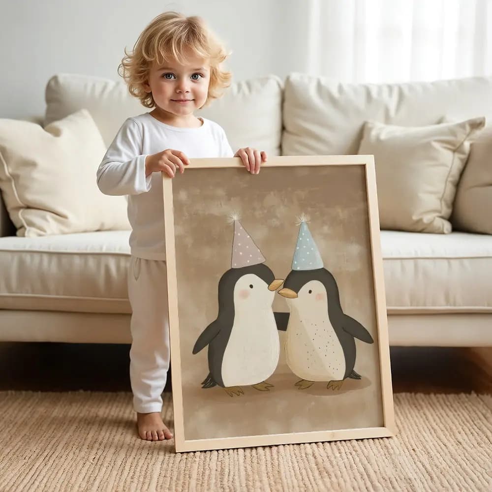 Tablou Chocolate Pastel – Model Pinguin, Decor Delicat în Culori Neutre pentru Camera Copilului sau Bebelușului