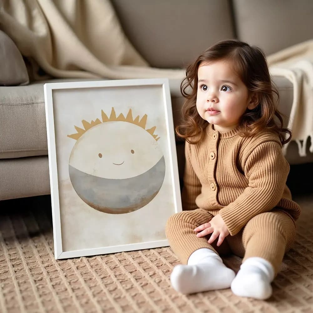 Tablou Chocolate Pastel – Model Planetă, Decor Delicat în Culori Neutre pentru Camera Copilului sau Bebelușului