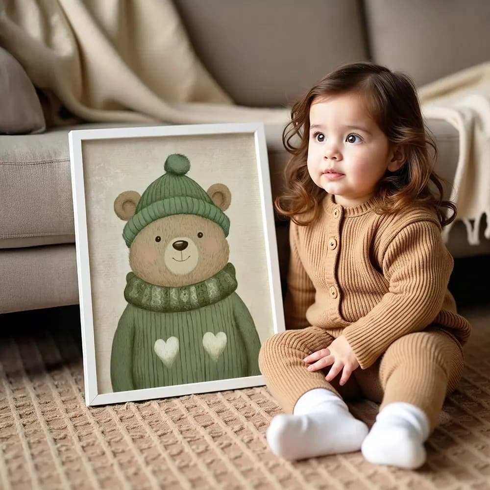 Tablou Chocolate Pastel – Model Ursuleț, Decor Delicat în Culori Neutre pentru Camera Copilului sau Bebelușului