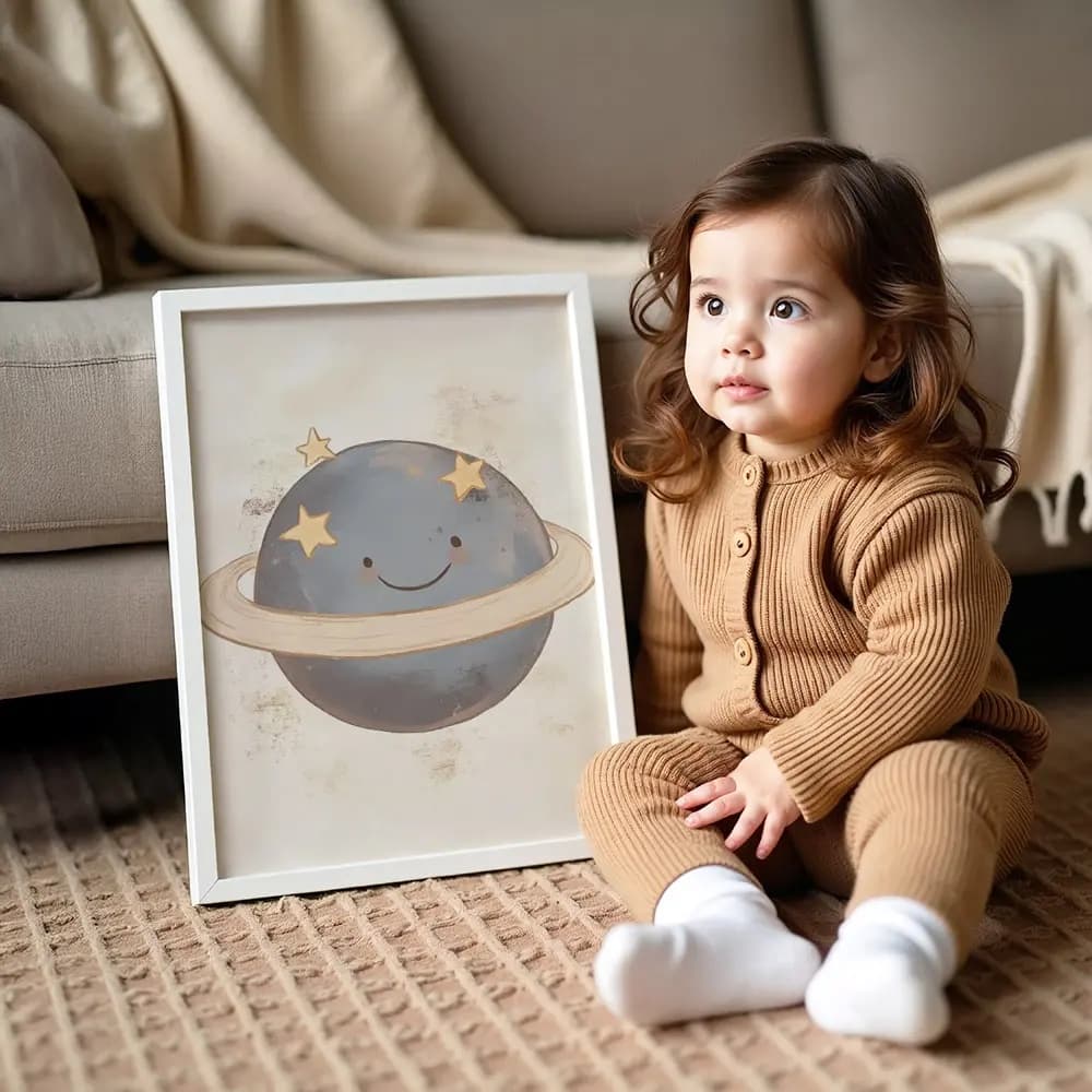 Tablou Chocolate Pastel – Planetă Model 01, Decor Delicat în Culori Neutre pentru Camera Copilului sau Bebelușului