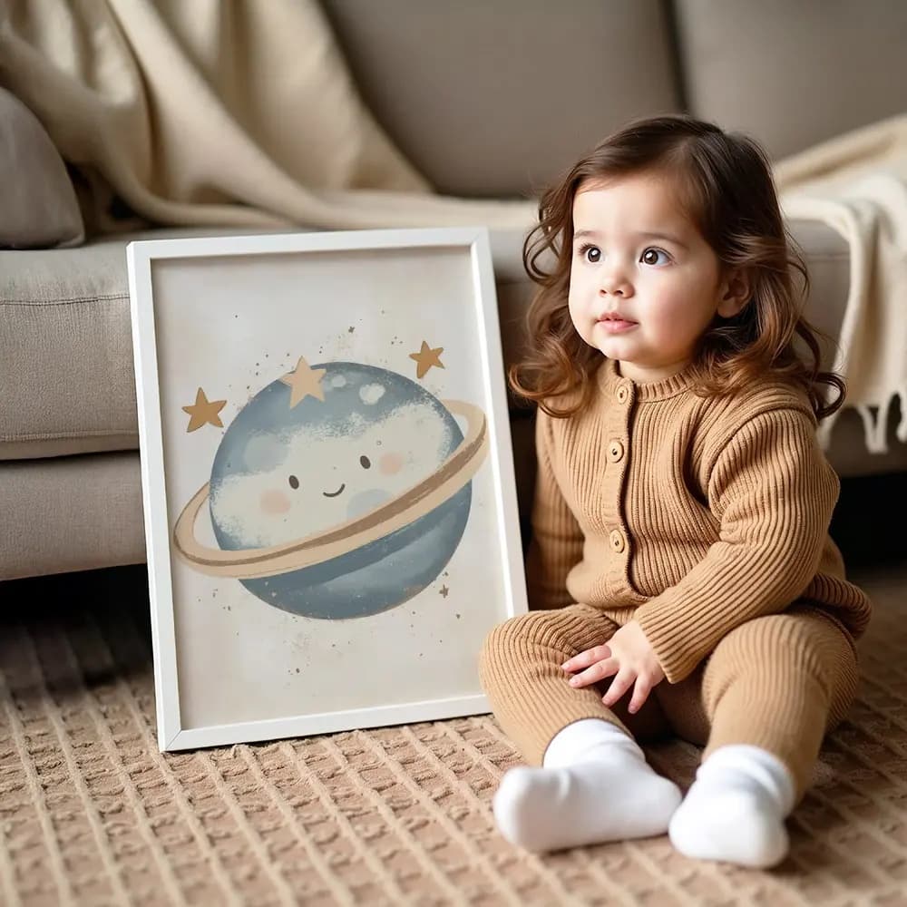 Tablou Chocolate Pastel – Planetă Model 02, Decor Delicat în Culori Neutre pentru Camera Copilului sau Bebelușului