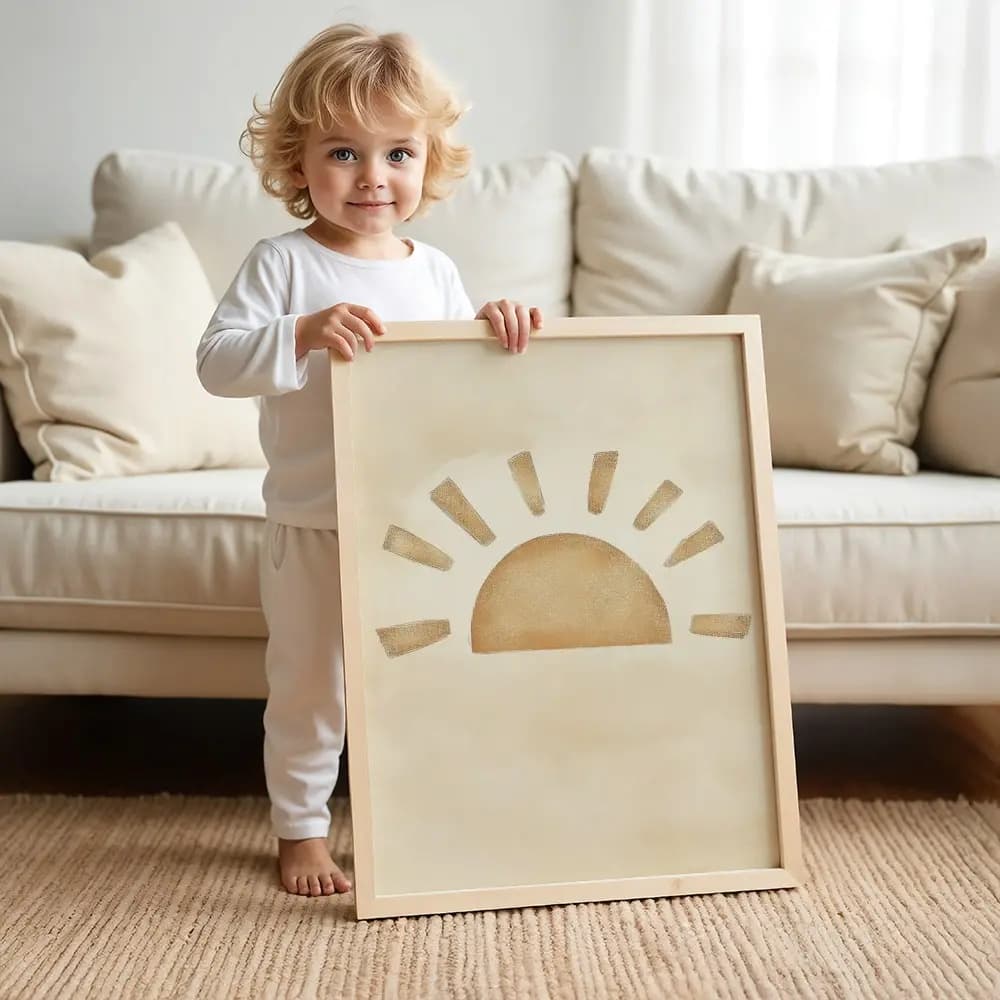 Tablou Chocolate Pastel – Soare Model 02, Decor Delicat în Culori Neutre pentru Camera Copilului sau Bebelușului