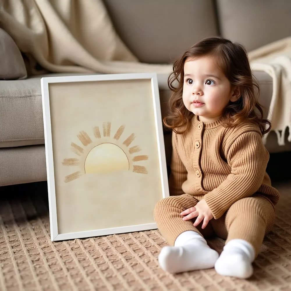 Tablou Chocolate Pastel – Soare Model 03, Decor Delicat în Culori Neutre pentru Camera Copilului sau Bebelușului