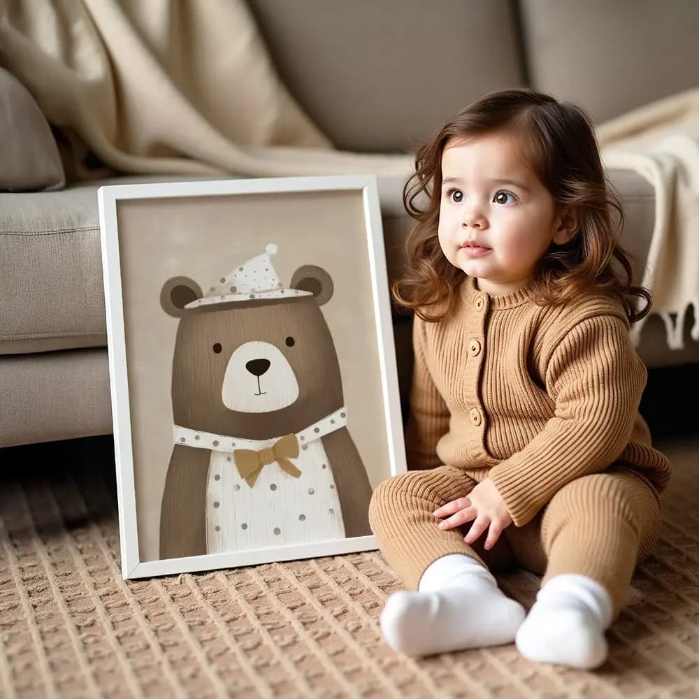 Tablou Chocolate Pastel – Ursuleț Model 01, Decor Delicat în Culori Neutre pentru Camera Copilului sau Bebelușului