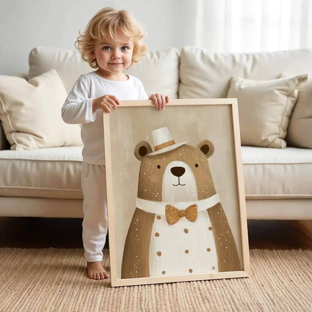 Tablou Chocolate Pastel – Ursuleț Model 02, Decor Delicat în Culori Neutre pentru Camera Copilului sau Bebelușului