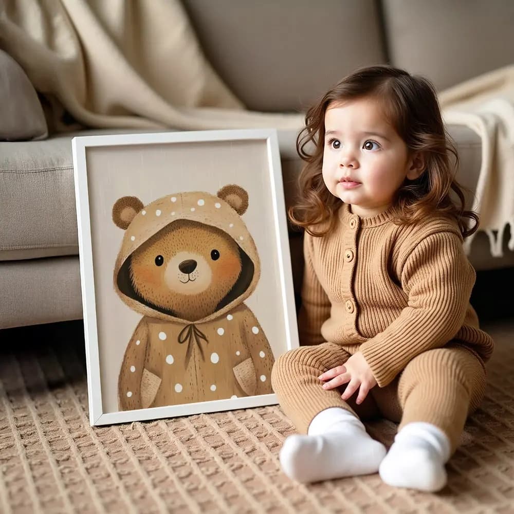 Tablou Chocolate Pastel – Ursuleț Model 03, Decor Delicat în Culori Neutre pentru Camera Copilului sau Bebelușului