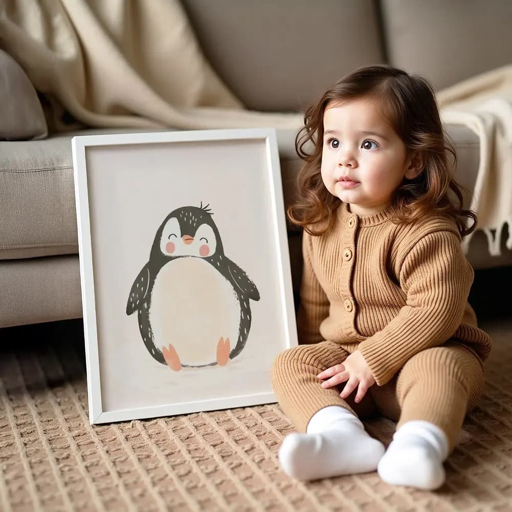 Tablou Colecția Neutral – Pinguin Model 01, Decor Modern în Culori Neutre pentru Camera Copilului sau Dormitor