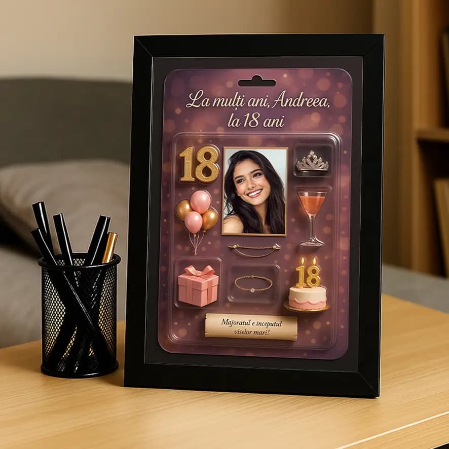 Tablou Majorat pentru Ea – Cadou Personalizat 18 Ani cu Poză și Mesaj, Iluzie Optică 3D