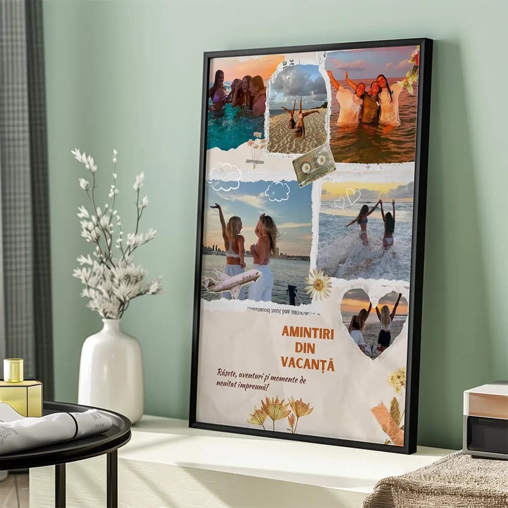 Tablou Personalizat „Amintiri din Vacanță” cu Poze și Mesaj – Colaj Foto Travel, Cadou Unic pentru Familie sau Cuplu