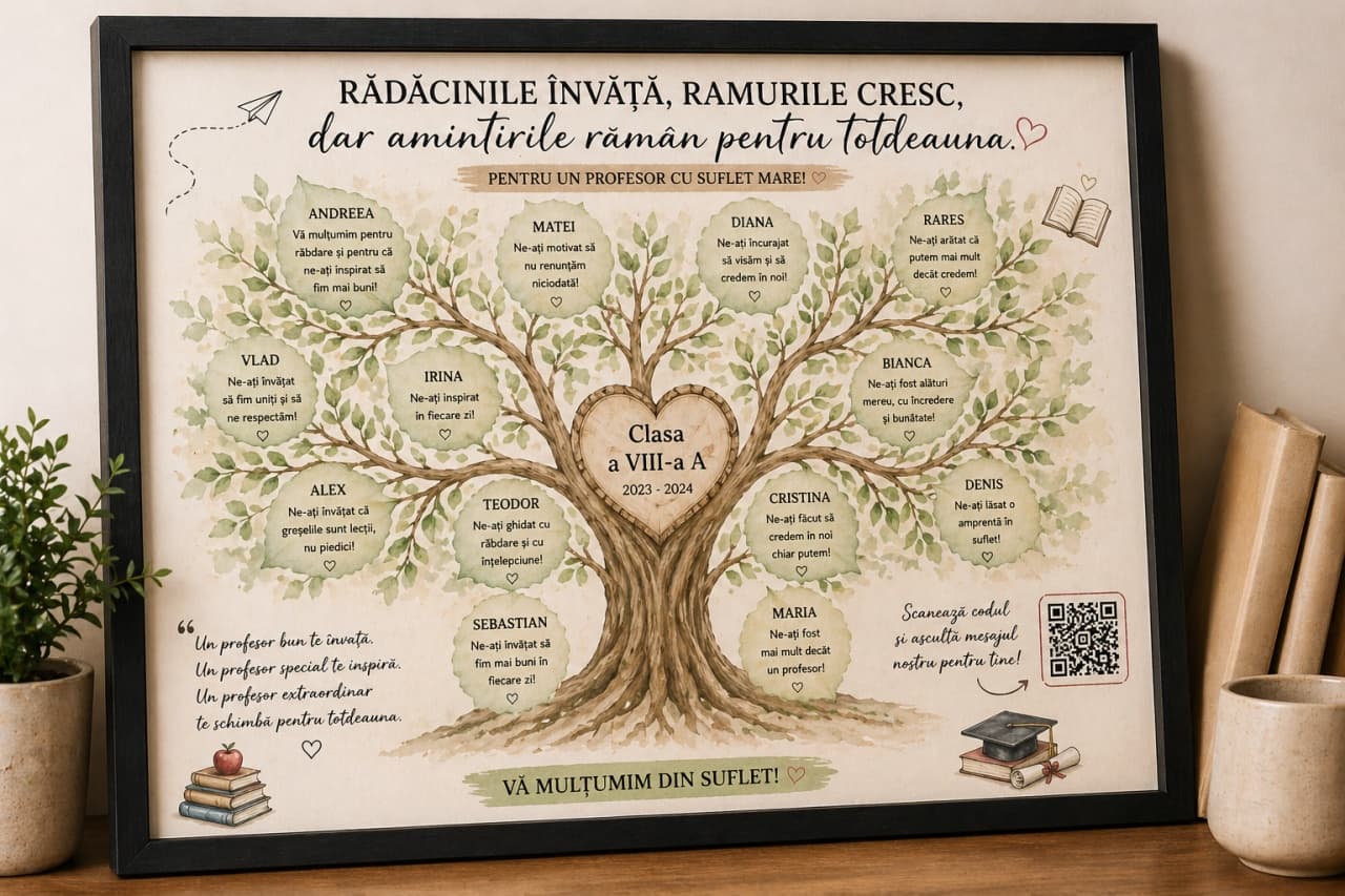 Tablou personalizat „Copacul clasei” cu mesaje și cod QR – pagină dedicată cu amintiri pe viață