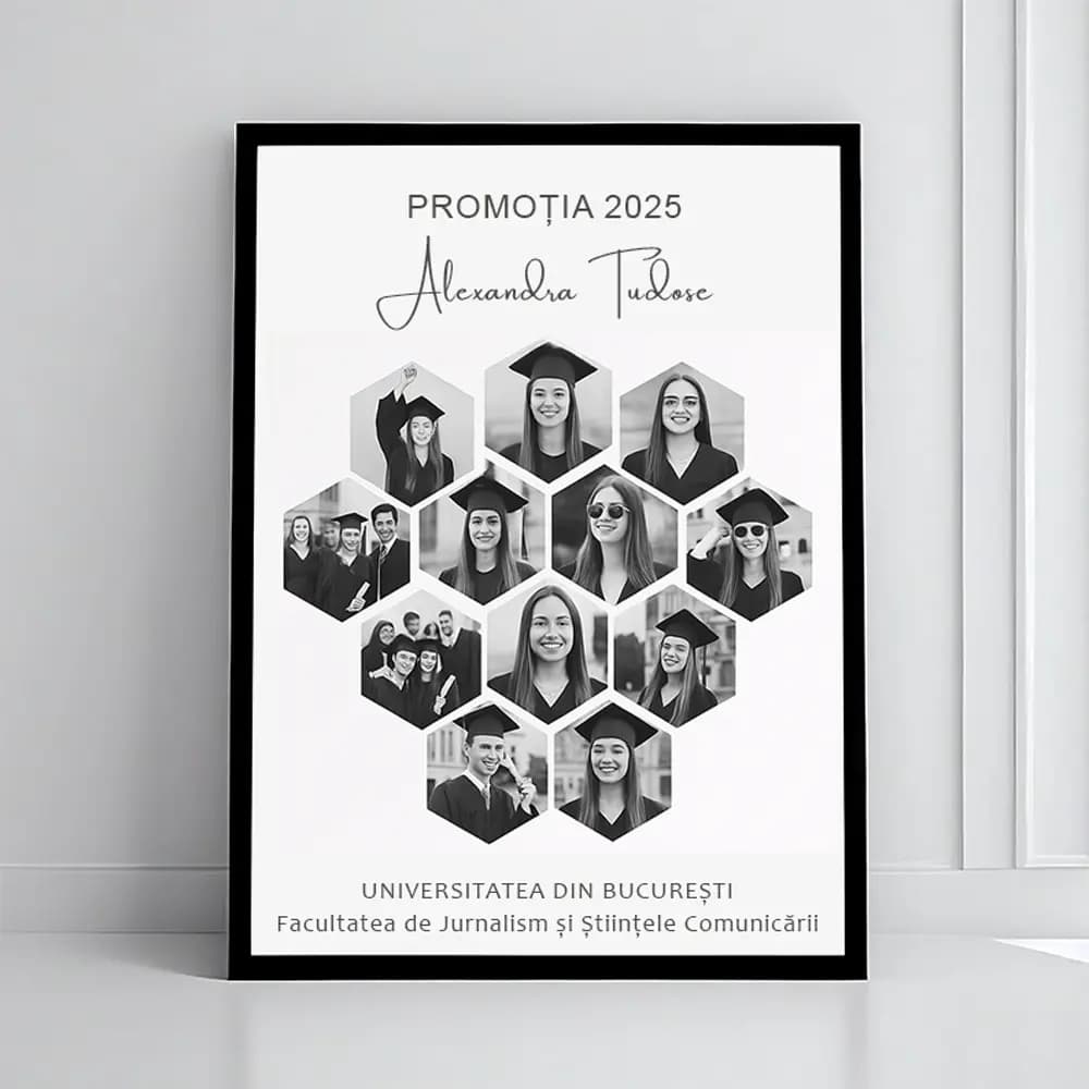 Tablou personalizat absolvire model hexagon – colaj foto modern cu poză și mesaj