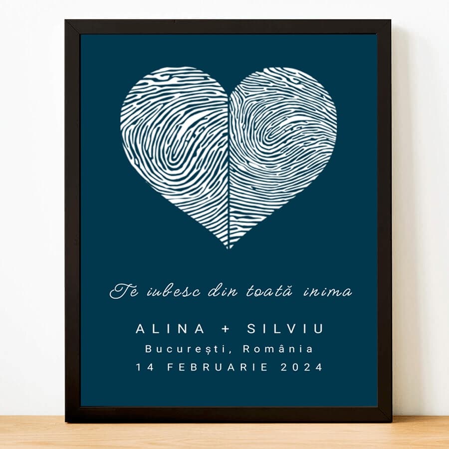Tablou Personalizat cu Amprente pentru Cuplu – Model Albastru Navy, Cadou Romantic Elegant cu Poză și Mesaj
