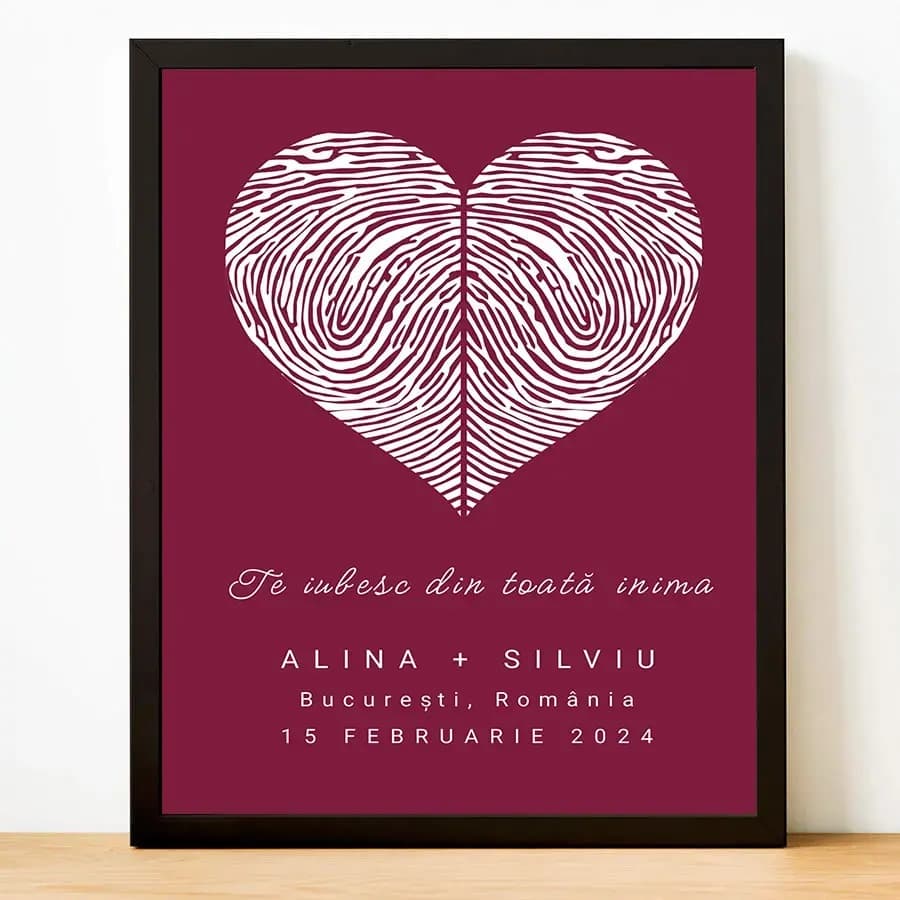 Tablou Personalizat cu Amprente pentru Cuplu – Model Burgundy, Cadou Romantic Elegant cu Poză și Mesaj