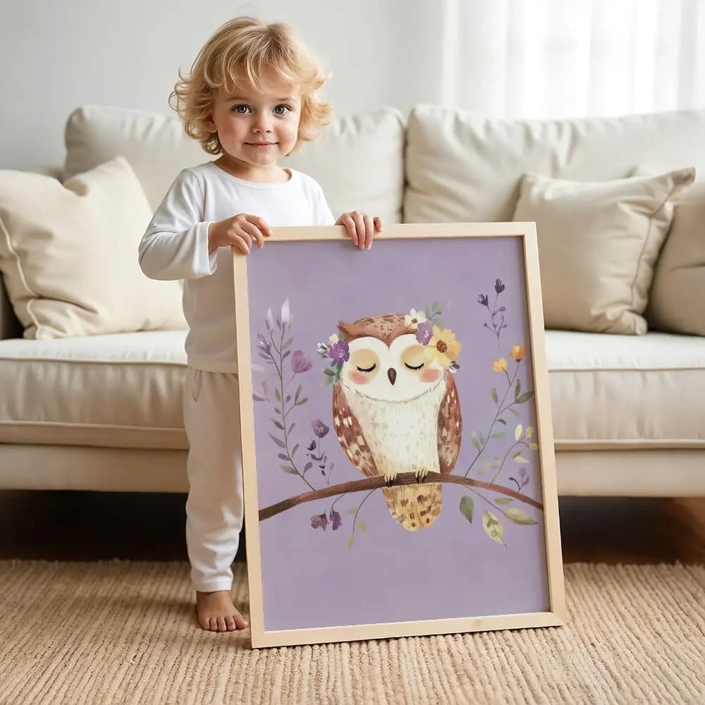 Tablou personalizat cu bufniță pentru camera copilului – culori pastel