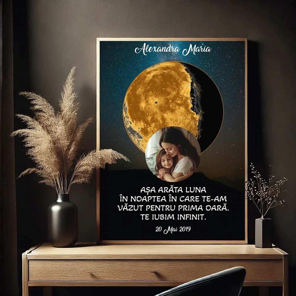 Tablou personalizat cu faza lunii – „Luna ta magică” cu dată și mesaj