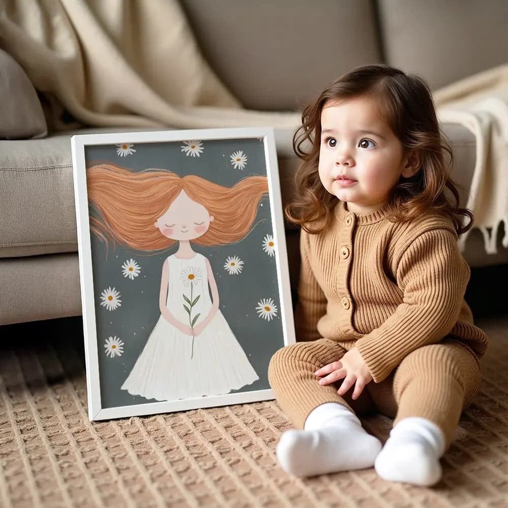 Tablou personalizat cu fetiță ilustrată pentru camera copilului – culori neutre