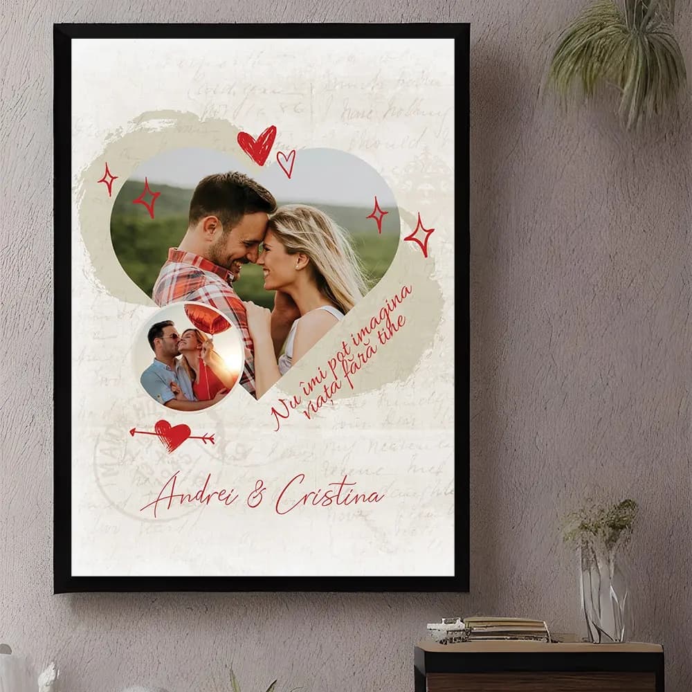 Tablou Personalizat Cuplu „Heart & Circle” cu Poză și Mesaj – Cadou Romantic Elegant pentru Îndrăgostiți