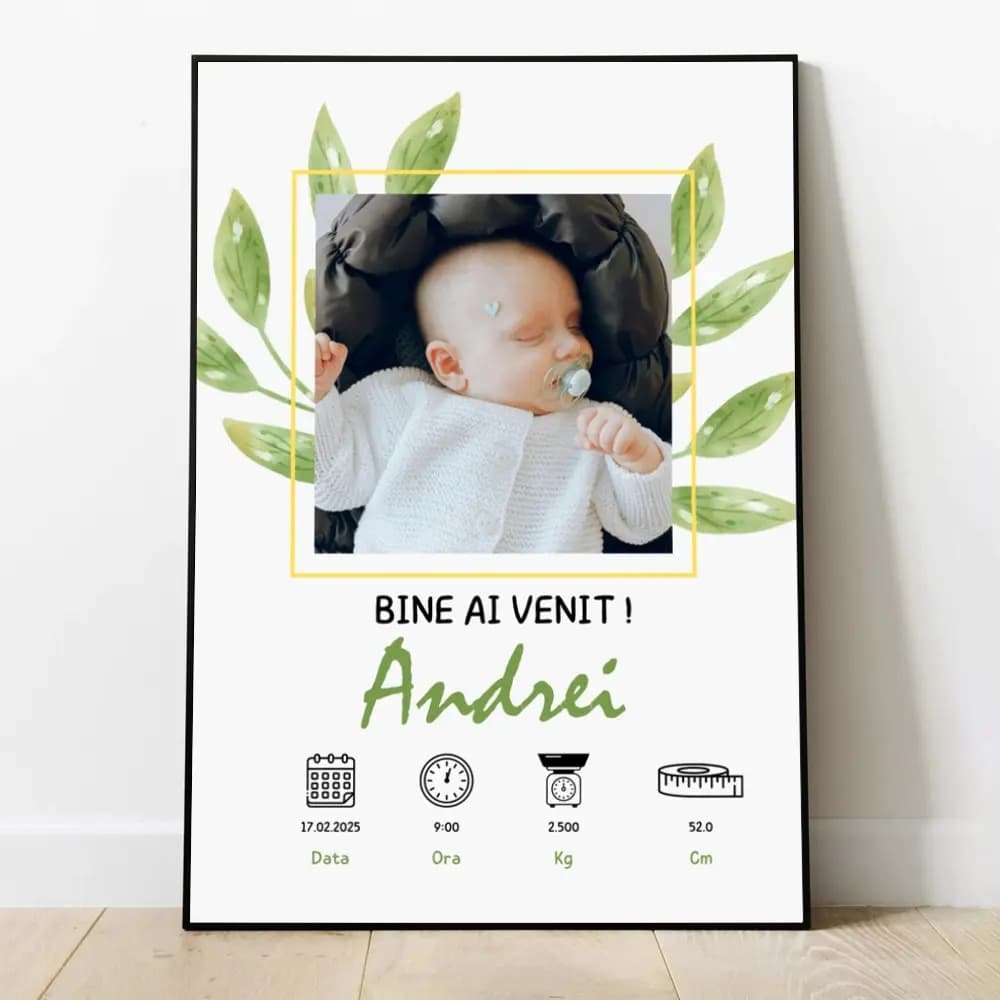 Tablou personalizat nou-născut „Leaf” cu poză, nume și date naștere – cadou bebeluș natural